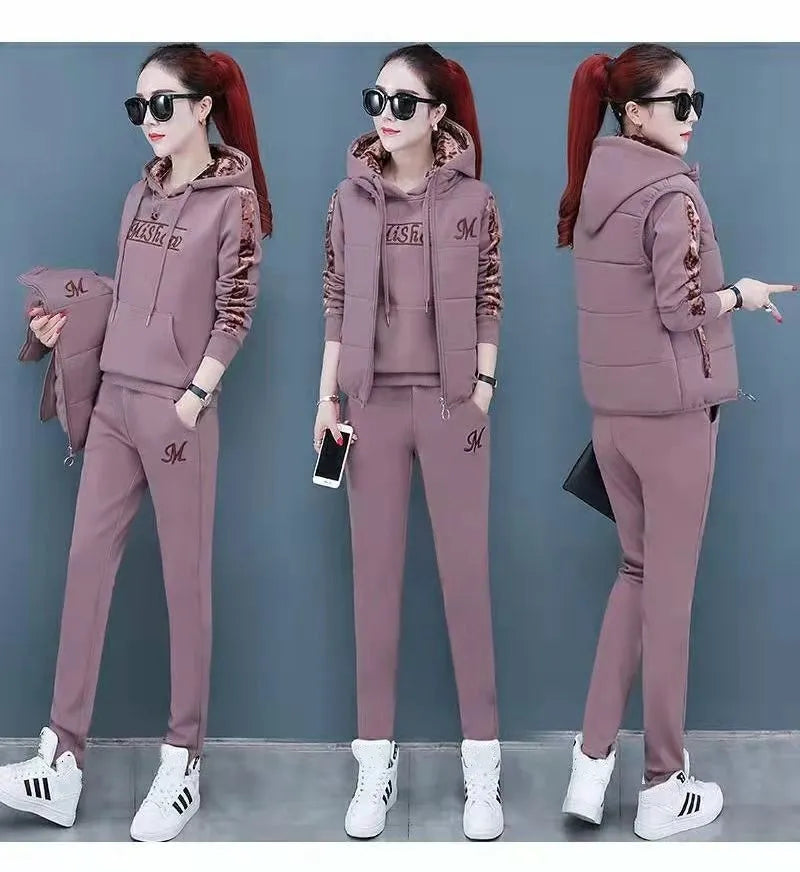 Winter 3 Pcs/Set Women Waistcoat Top Pants Set Letter Embroidery Ladies Winter Tracksuit Color Block Three-piece Sweatpants Set
