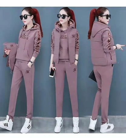 Winter 3 Pcs/Set Women Waistcoat Top Pants Set Letter Embroidery Ladies Winter Tracksuit Color Block Three-piece Sweatpants Set
