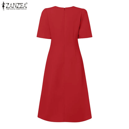 ZANZEA Elegante Büro Frauen Kleider Sommer Stilvolle Solide Party Arbeit Kleid Mode Kurzarm Plissee Vestidos Midi Sommerkleid.