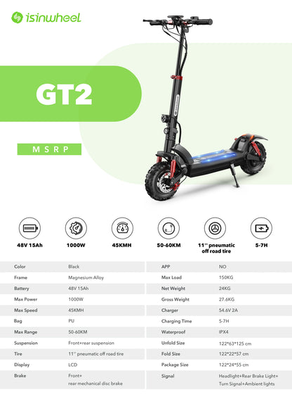 Isinwheel GT2 Foldable Adult Electric Scooter E-Scooter 800W Electric Kick Scooter 48V 15Ah Skateboards 45km/h Kickboard.