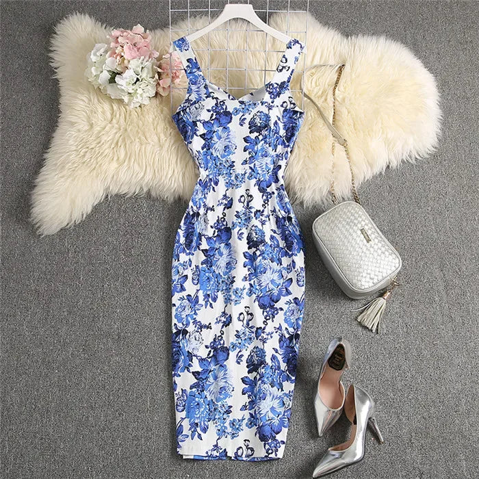 ALPHALMODA-Stretchy Tank-Kleid für Damen, schmales Baumwollkleid, einreihig, Blumendruck, elegant, Sommer, neu