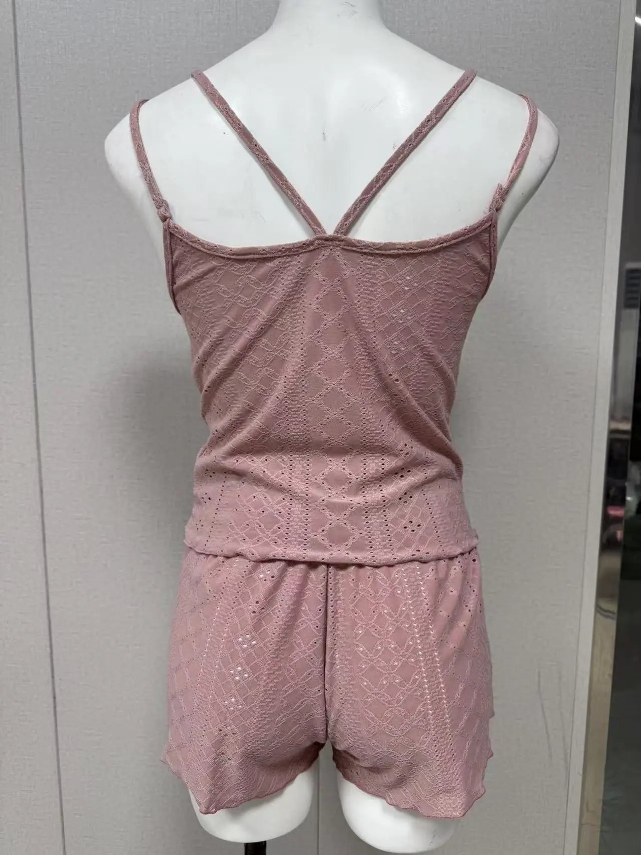 Sexy Aushöhlen Öse Stricken Pyjama Set Frauen Doppel Strap Cami Top Salat Saum Shorts Zwei Stück Sommer Loungewear Nachtwäsche Neue