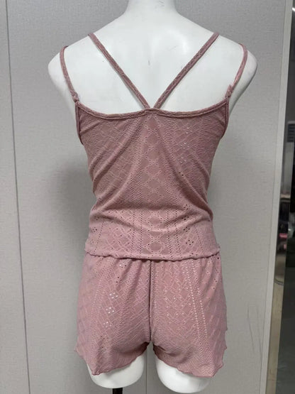 Sexy Aushöhlen Öse Stricken Pyjama Set Frauen Doppel Strap Cami Top Salat Saum Shorts Zwei Stück Sommer Loungewear Nachtwäsche Neue