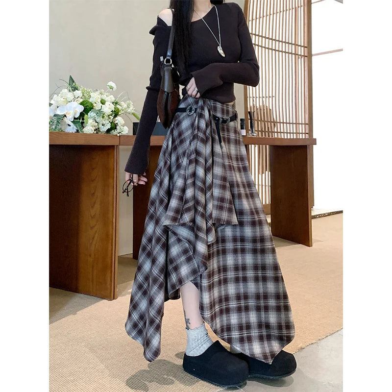 MEXZT Vintage Plaid Woolen Midi Skirt Women Y2K Harajuku Belt Asymmetrical Skirts Winter Gyaru Grunge Korean Design Faldas New.