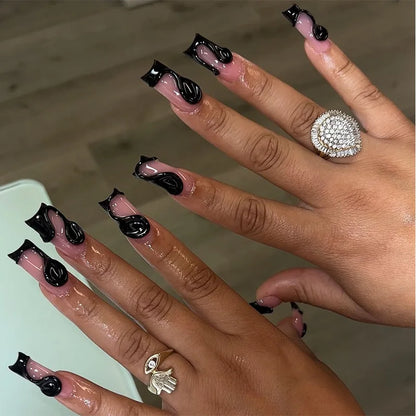 24Pcs 3D Long Ballet False Nails White Coffin Wave with French Design Wearable Fake Nails Gold Line Full Cover Press on Nails.