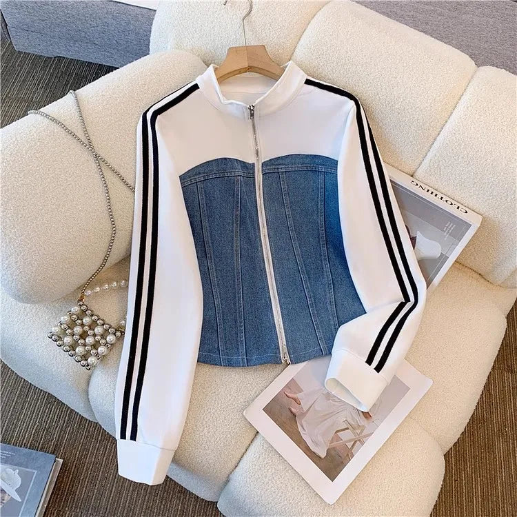 Pant Set Women Two Piece Sets Denim Splice Zipper Matching Sets Casual Coats Wide Leg Long Pants Lace Up Elastic Waist 2025.