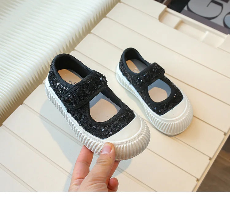 New Girl Princess Canvas Shoes Fashion Luxury Sequins Children Causal Shoes Breathable Kids Glitter Mary Jane Shoes Thick Bottom.