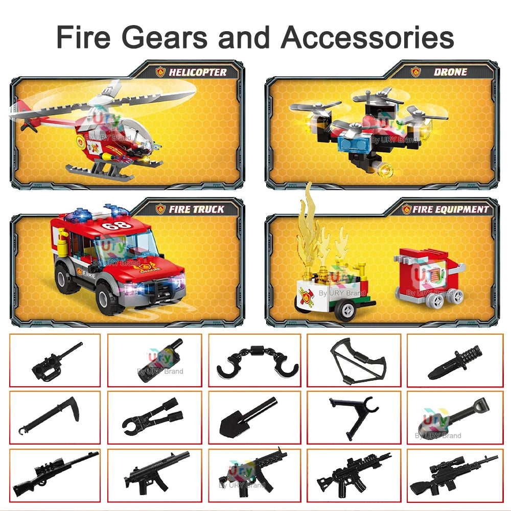 City Fire Station Ladder Truck Helicopter Car Rescue Boat Firefighter Figure Aircraft Model Moc Building Blocks Toy for Boy Gift.