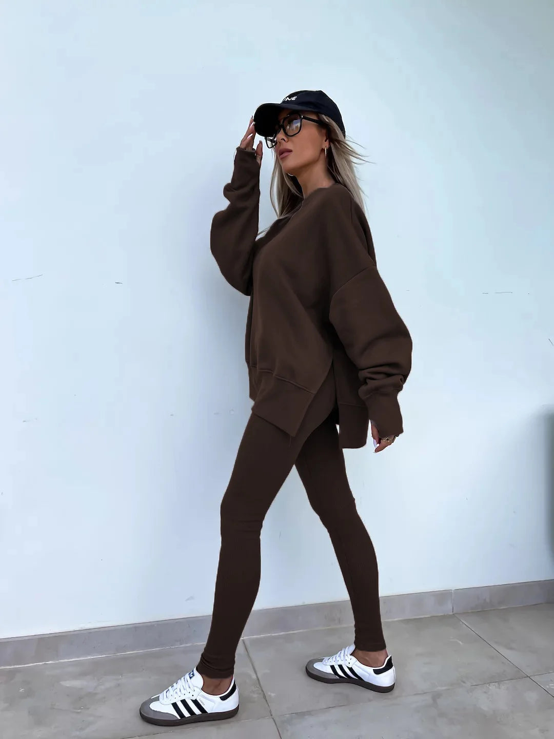 Women Pant Sets Two Pieces Tracksuit Solid Loose Sweatshirts Split Pullover Pencil Pants High Street Autumn Winter 2024