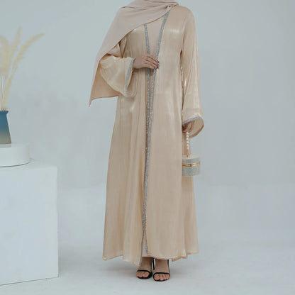 Muslim Abaya for Women Eid Dress 2 Piece Set Diamond Morocco Ramadan Lace-up Abayas Kaftan Islam Cardigan Dubai Arab Long Robe.