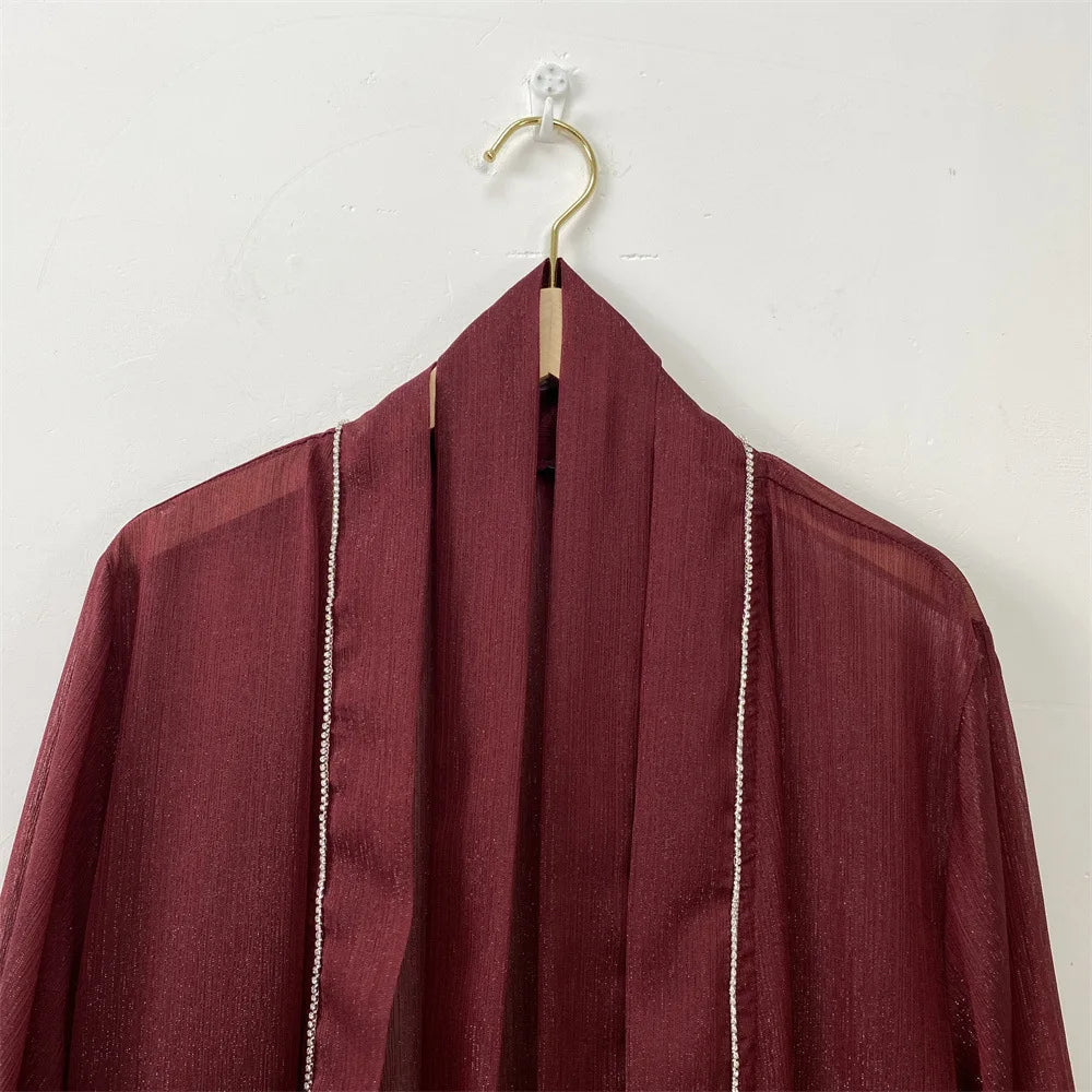 New Eid Ramadan Diamonds Open Kimono Abaya for Women Kaftan Muslim Dress Dubai Turkey Robe Islam Clothing Kebaya Caftan Jalabiya.