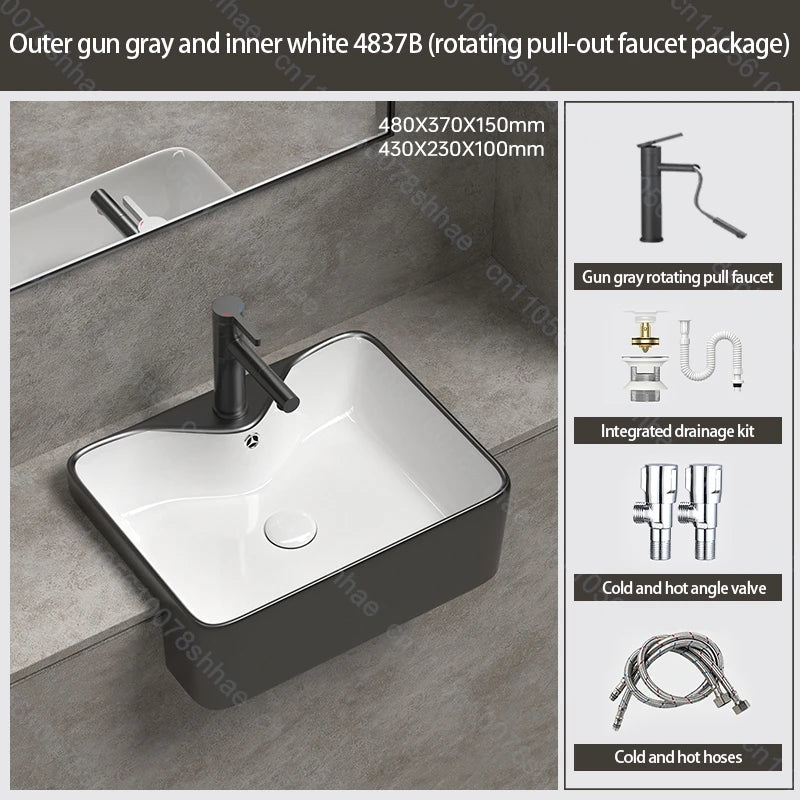 Porcelain Ceramic Vessel Sink with Drain Semi Recessed Vanity Art Sink Wash Basin Bowl for Modern Home Bathroom Decor Washbasin