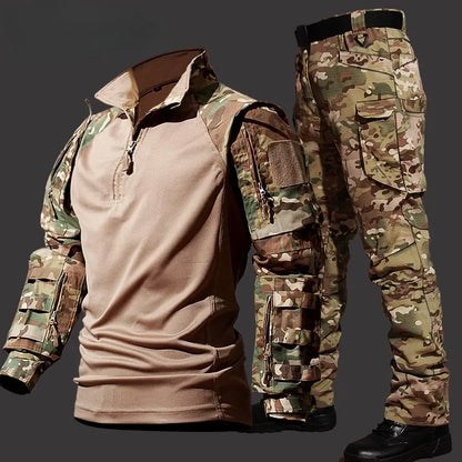 Autumn Tactical Sets Men Outdoor Breathable Short Sleeve Tshirt+Waterproof Straight Pant 2 Pcs Suits Camo Multi-pocket Cargo Set.