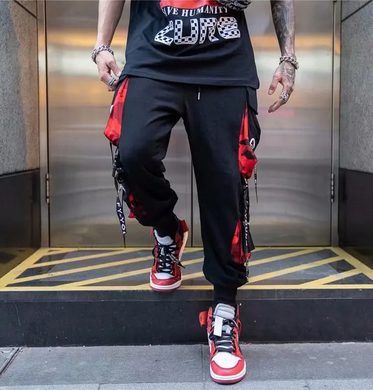 Men's Cargo Pants Casual Hip Hop Hit Color Multiple Pockets Trousers Streetwear Ribbons Techwear Sweatpants.