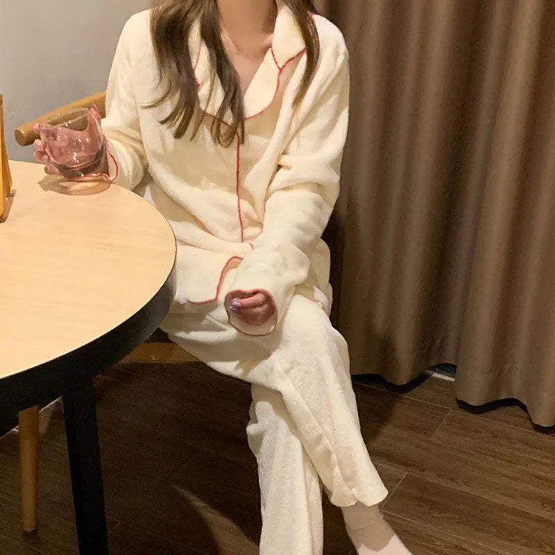Flannel Women's Pajamas Sets Casual Autumn Winter Sleepwear Velvet Pyjama Ladies Cardigan Simple Bedroom Soft Warm Home Clothes