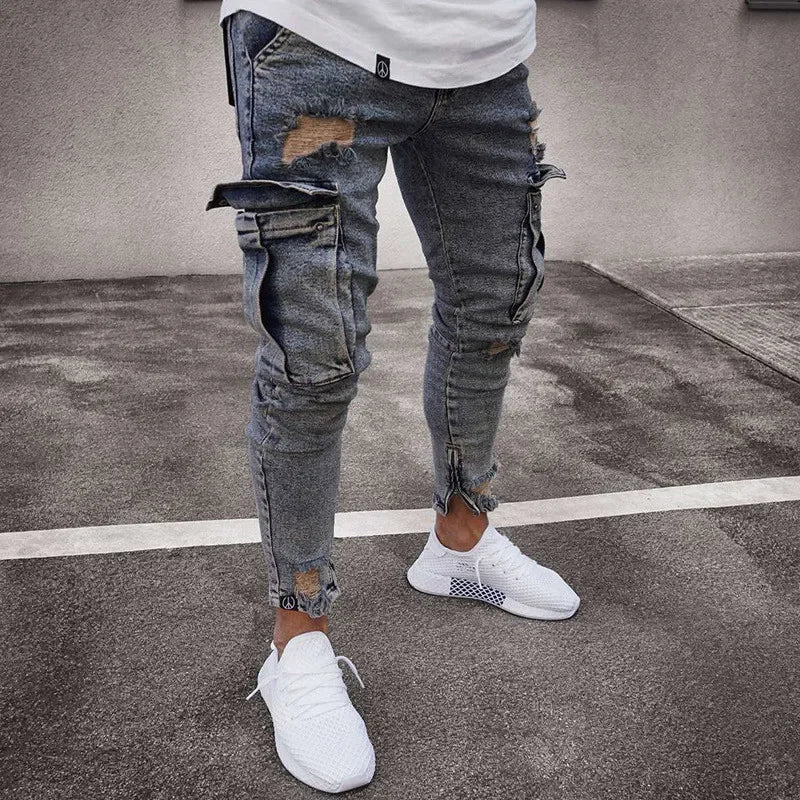 Spring New Hot Sale Stretch Men's Jeans Fashion Trendy Casual Knee Wear-Resistant Comfortable Zipper Feet Skateboard Pants.