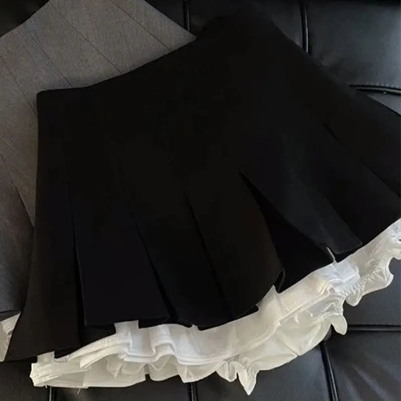 Mooyufon Ruffles Black Mini Skirt Women Korean Patchwork Pleated Skirts Japanese Kawaii High Waist All Match A Line Skirt New.