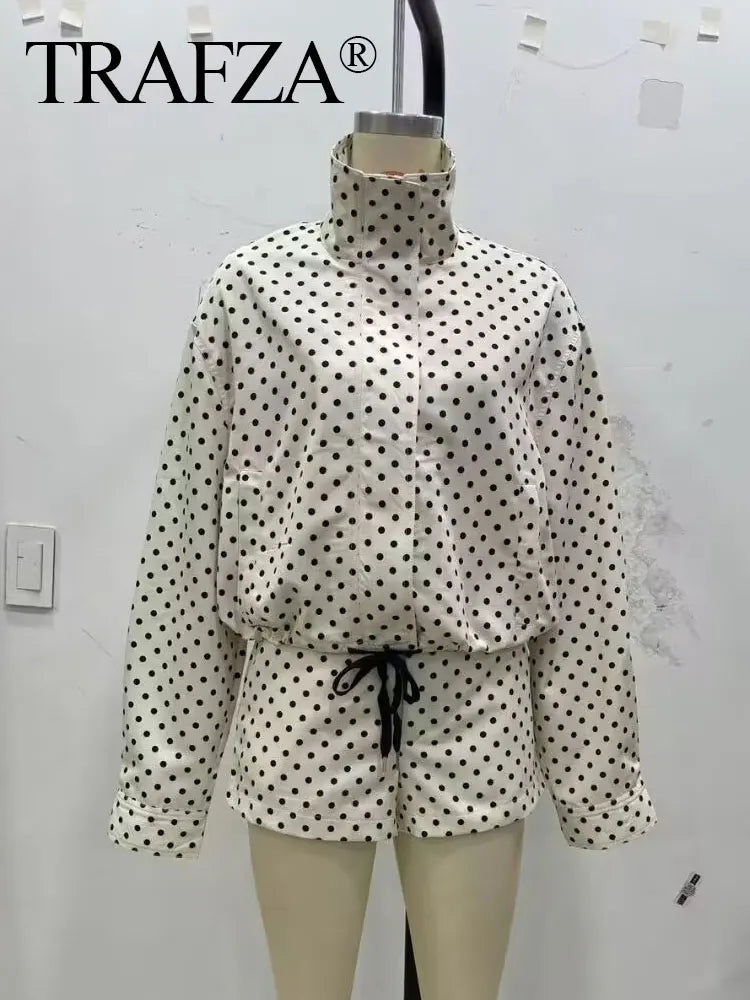 TRAFZA Herbst Polka Dot Gedruckt Jacke Für Frauen Lange Ärmel Rollkragen Zipper Mit Taschen Kordelzug Lose Vintage Mäntel.