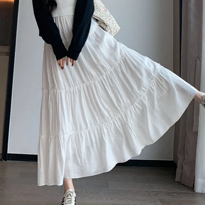 Spring Summer Women Long Skirts Fashion High Waist Elastic Patchwork A-Line Skirt Casual All-Match White Cake Maxi Skirts Female.