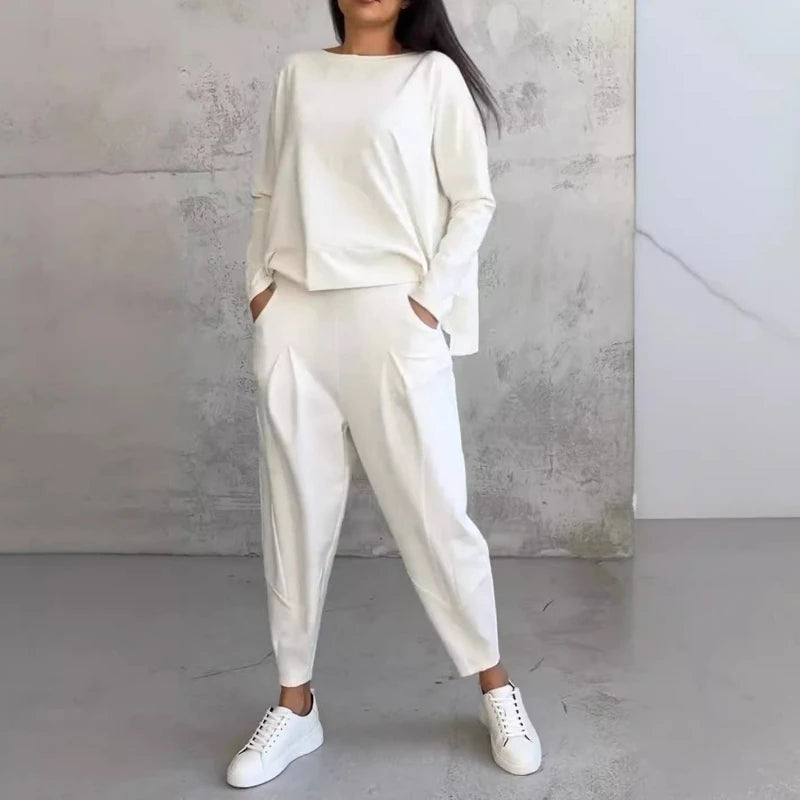 Women Sporty Two Piece Pant Sets Solid Harem Pants High Street Full Sleeve Round Neck Tops Sweatshirt Casual Irregular.