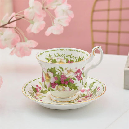Coffee Cup and Saucer Set Month Flower Mug Bone China Drinking Set Ceramic Cup and Saucer Home Teacup Dessert Saucer Gifts