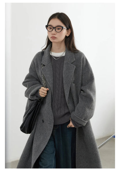 CHIC VEN Frauen Woolen Mantel Zweireiher Grundlegende Lose Beiläufige Retro Neue Lange doppelseitige Weibliche Mantel Herbst Winter 2024