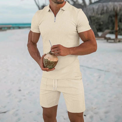 Men's Comfortable Short-Sleeved Waffle Polo Shirt And Shorts Set - Breathable Lightweight Spring/Summer Clothing.