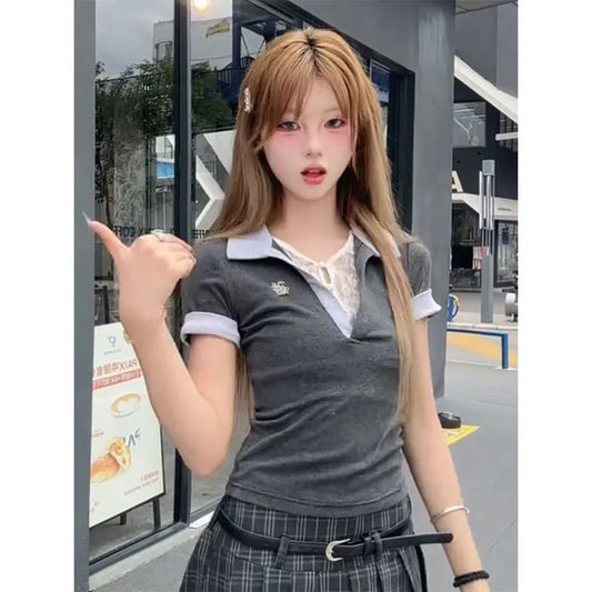 Slim Fit Short Sleeve Polo Neck T-Shirt Women's Summer Fashion Two-Piece Set Heavy Industry Korean Style Spicy Girl Top.