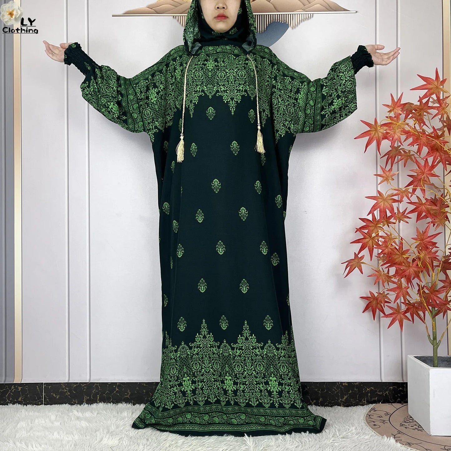 2025 Women Long Sleeves Dress Cotton Ramadan Abaya with Two Hats Muslim Women's Kaftan Dress Dubai Turkey Islam Prayer Clothing.
