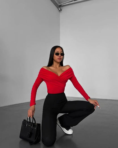 Sexy Hot Girl Slim Jumpsuits Women Fashion Solid Color Folds Corset Bodycon Crossed Bodysuits Long Sleeves Trendy Lady Rompers