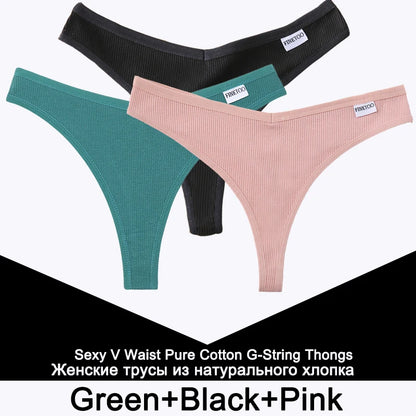 FINETOO 3PCS/Set G-string Panties Cotton Women's Underwear Sexy Panty Female Underpants Thong Solid Color Lingerie T-Back Design