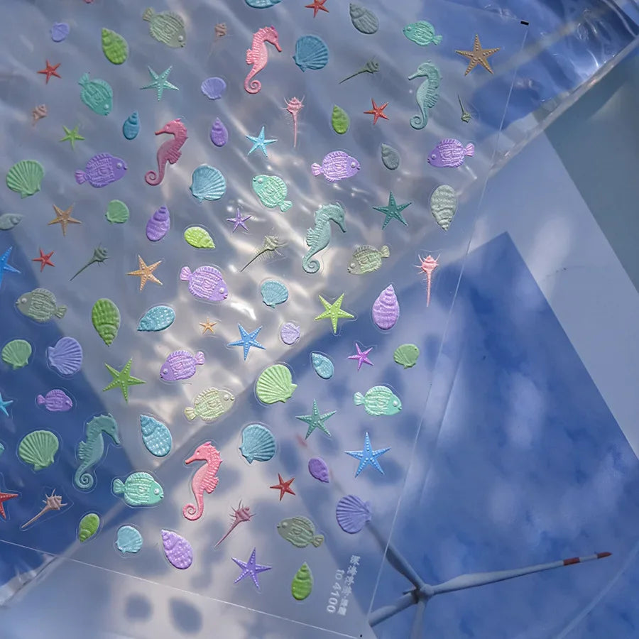 Ocean Theme 5D Nail Sticker Summer Beach Seashells Starfish Conch Scallop Shell Coral Self Adhesive Decoration Manicure Decal