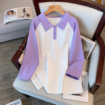 170kg plus size Damen büste Frühling Herbst loser Polo kragen kontrastieren des Sweatshirt schwarz lila 4xl 5xl 6xl 7xl 8xl 9xl