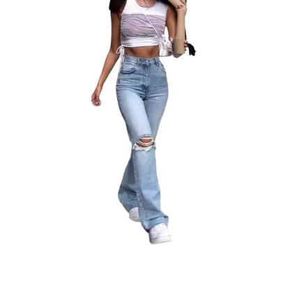 Hole Flare Pants Jean Women Fit Vintage Pockets High Waist Zipper Button Basics Denims Wide Leg Trousers 2025 Casual Jeans.