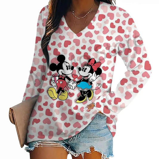 Women's Long Sleeve T-shirts Kawaii V-Neck S-3XL Mickey Lovely Disney High Quality 3D Print New Youthful Woman Clothes Minnie.