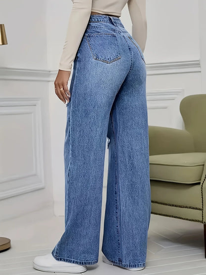 Women's High-Waisted Straight Leg Denim Jeans with Ripped Details, Casual and Fashionable Pants.