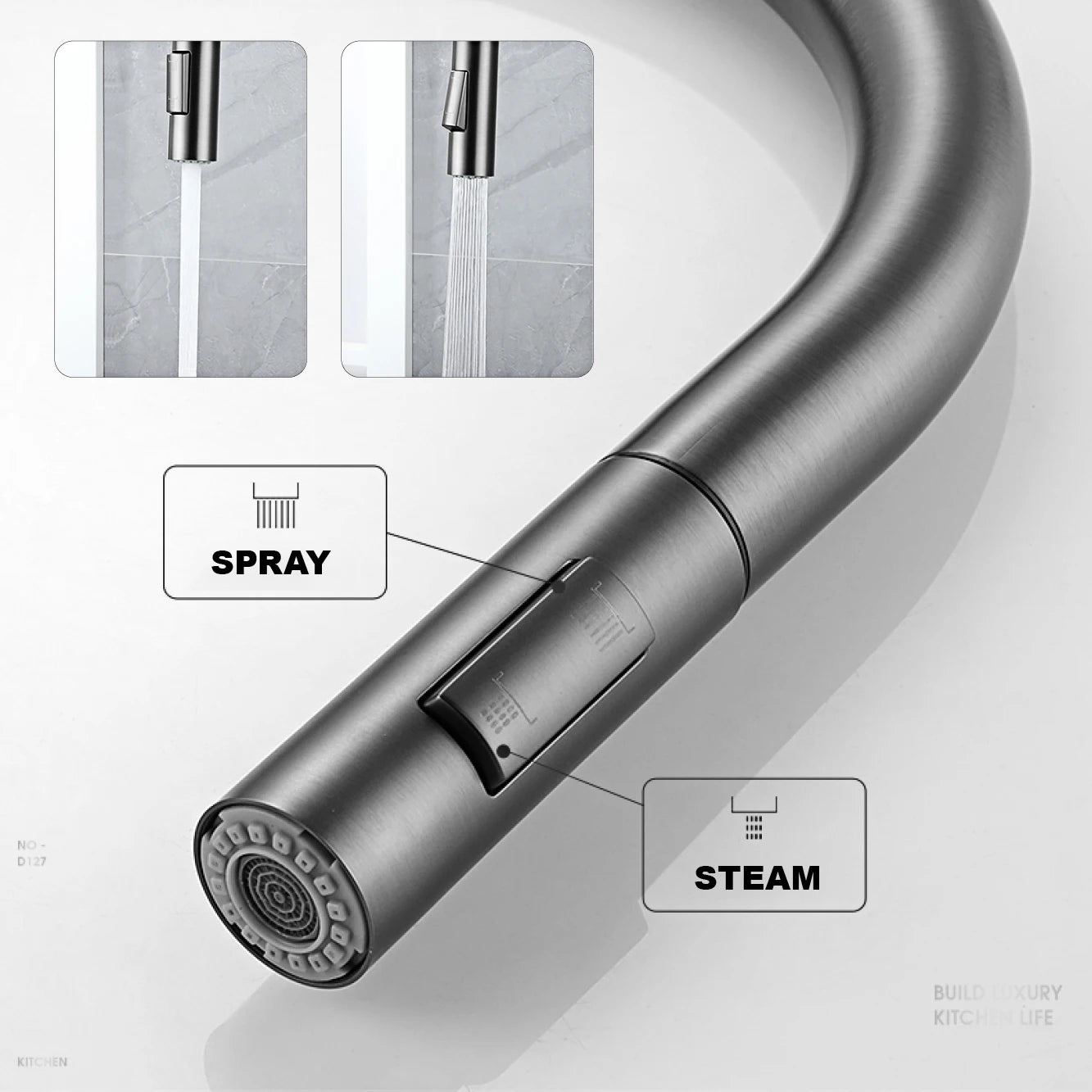 High-end gun gray brass kitchen faucet induction design single handle cold and hot dual control 2 function simple sink faucet