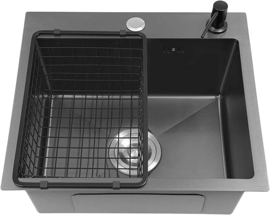 Küchenspüle 45x40cm Spülbecken Einbauspüle mit Abflusskorb und Seifenspender Edelstahl Spüle Küche Waschbecken, 1 Becken, Schwar