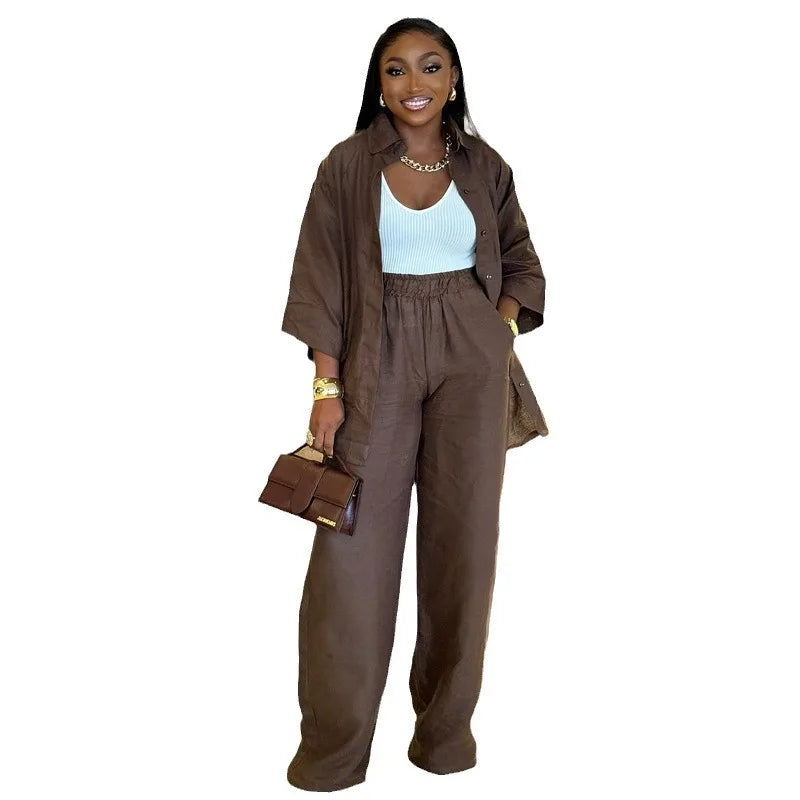 Cotton Linen Set Women Spring Summer Loose Oversize Long Sleeve Shirt Long Pants 2 Piece Sets Casual Office Ladies Trousers Suit.