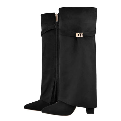 2025 Autumn And Winter Women's Pointed Toe Crude Heel Knee High Boots Female Metal Decor Pants Boots High Quality Woman Shoes.