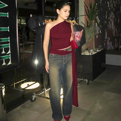 Cryptographic One Shoulder Solid Lace Up Tops Summer Y2K Outfits Sexy Backless Sleeveless Crop Tank Coquette Streetwear Clothes.