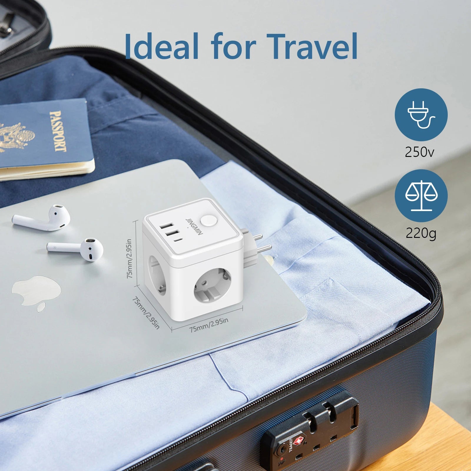 Wandsteckdosen-Extender mit Schalter, 3 Steckdosen, 2 USB-A- und 1 Typ-C-Anschlüsse, tragbarer Cube-Steckdosenleisten-Adapter zum Aufladen auf Reisen.