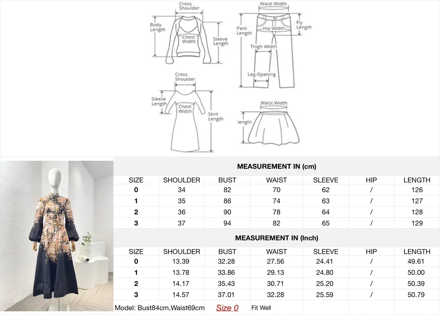 Schwarzes Leinen-Midikleid mit Rokoko-Blumendruck, langen Ärmeln und hoher Taille.