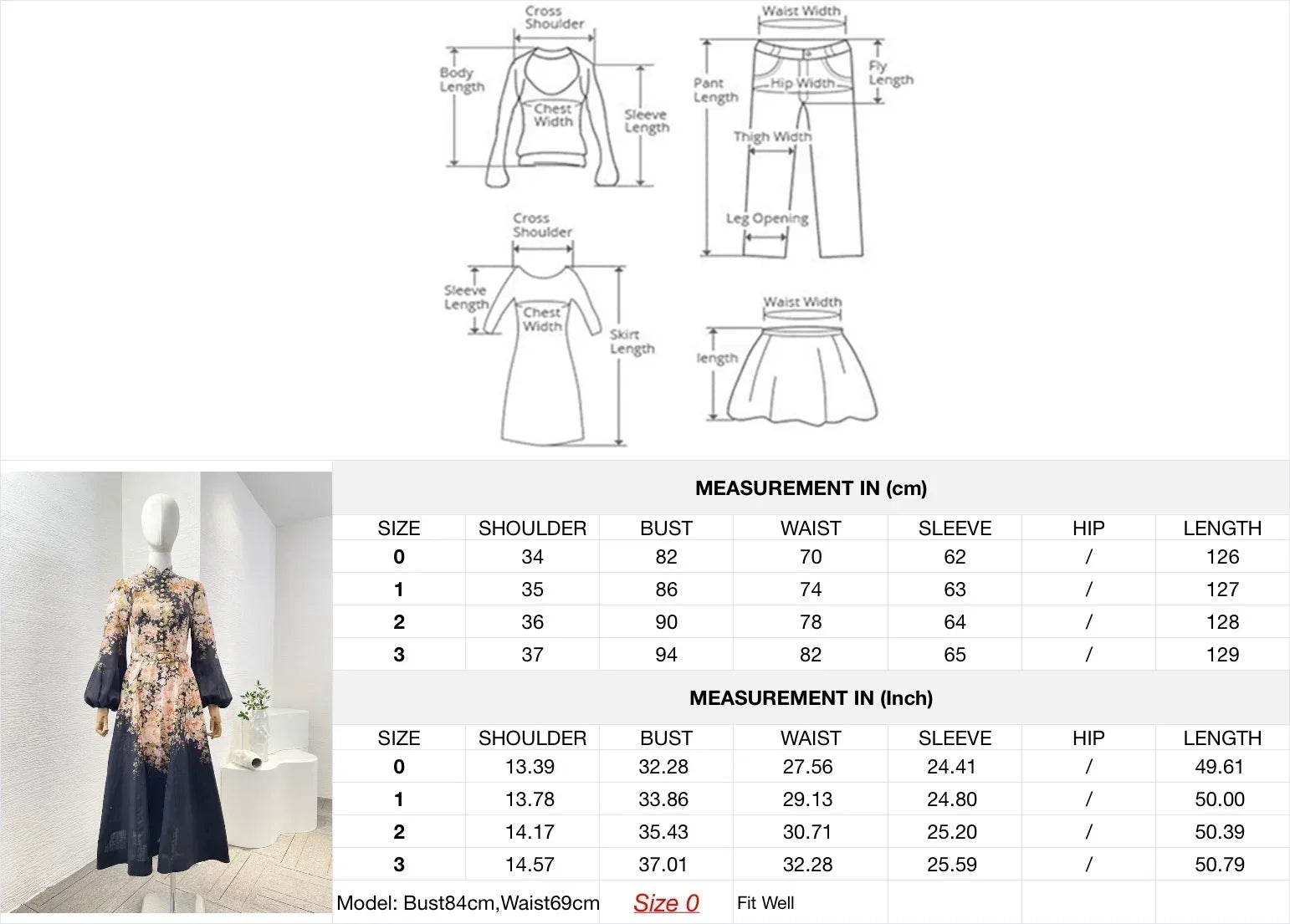Schwarzes Leinen-Midikleid mit Rokoko-Blumendruck, langen Ärmeln und hoher Taille.