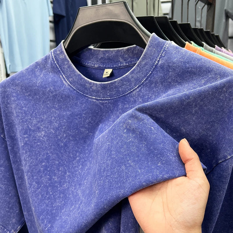Personality washed vintage short sleeve T-shirt high-end 100% pure cotton men fashion round neck comfort lightweight casual top