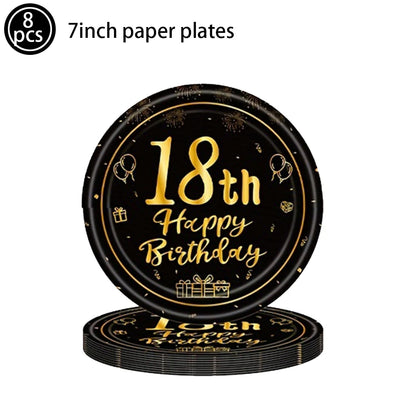 Dekore zum 18. Geburtstag für Jungen und Mädchen, Schwarz-Gold, Party-Banner, Ballon-Tischdecke, Teller, Tasse, Serviette, Partyzubehör zum 18. Geburtstag