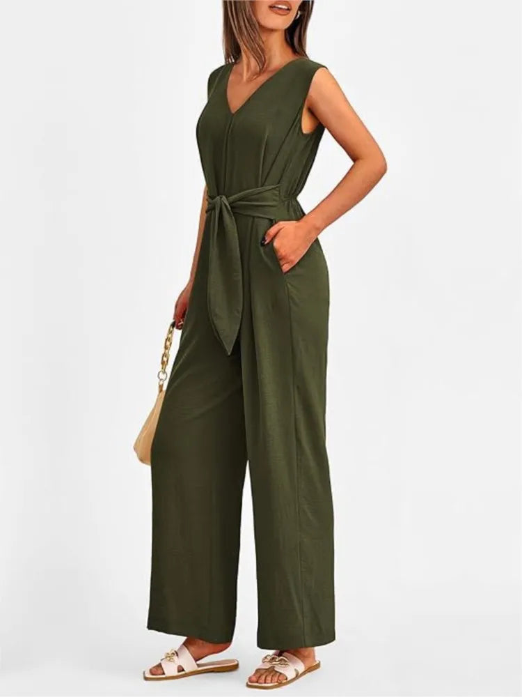 Summer High Waist Lace-up Jumpsuits Women 2025 New Sleeveless V-neck Side Pocket Solid Casual Jumpsuit Office Ladies Rompers.