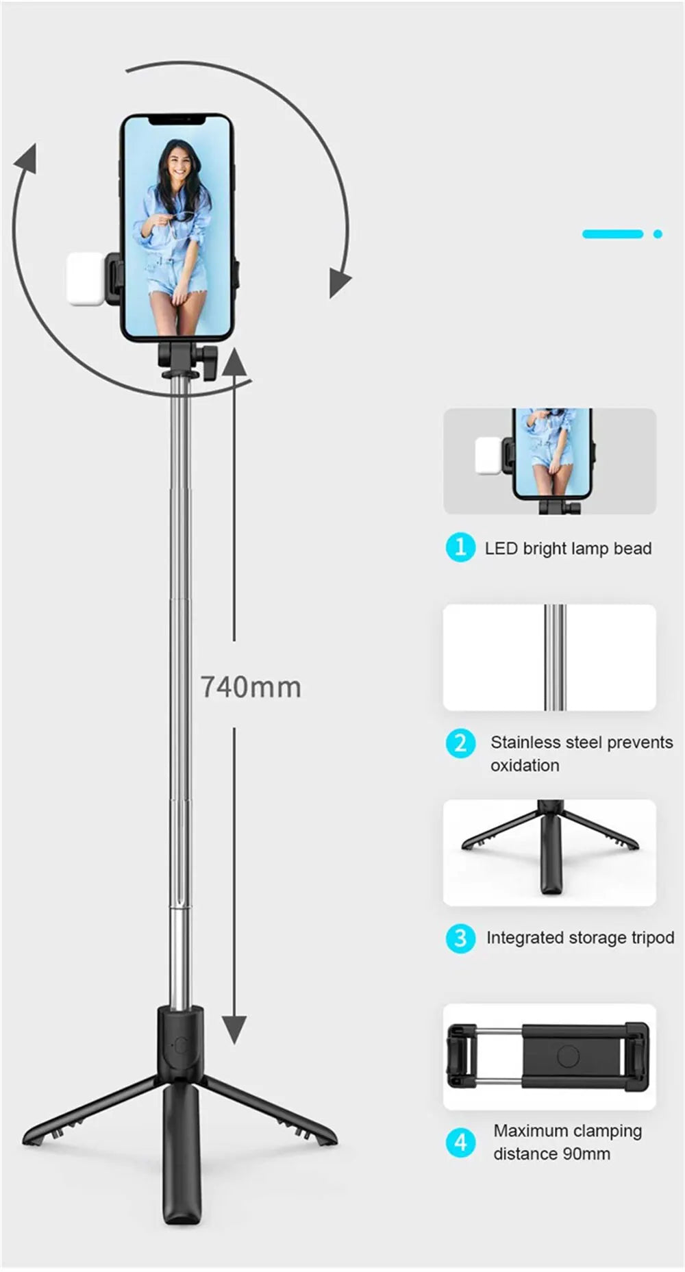 Portable Bluetooth Selfie Stick Tripod Holder with Remote Shutter Fill Light Extendable Wireless Remote Retractable Phone Stand.