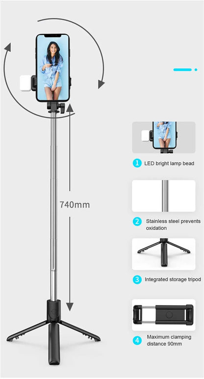 Portable Bluetooth Selfie Stick Tripod Holder with Remote Shutter Fill Light Extendable Wireless Remote Retractable Phone Stand.