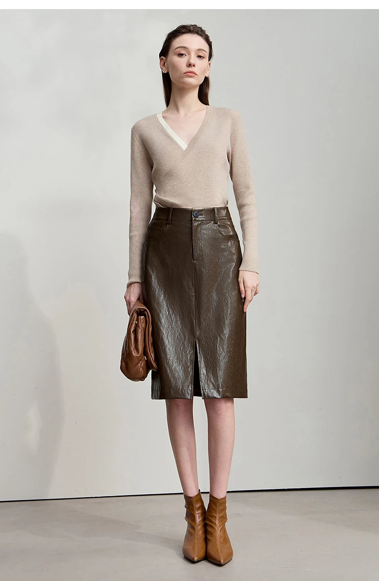 AMII Minimalist PU Leather Skirt For Women 2025 American Retro Knee-Length Skirt Solid Basics Business Women's Clothing 12553014